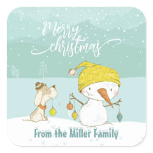 Little snowman and dog in christmas winter scene