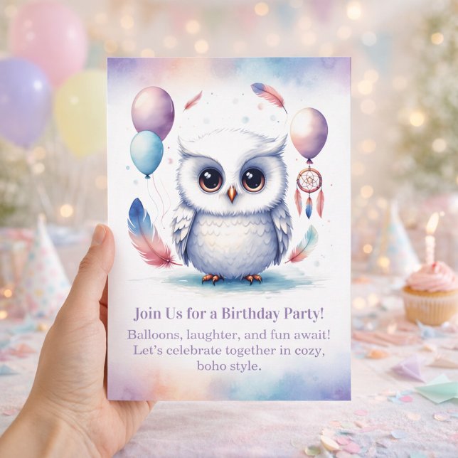Little Snowy Owl Birthday Invitation Boho  (Little Snowy Owl Birthday Invitation Boho)