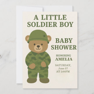 Little Soldier Teddy Bear Boy Baby Shower Invite
