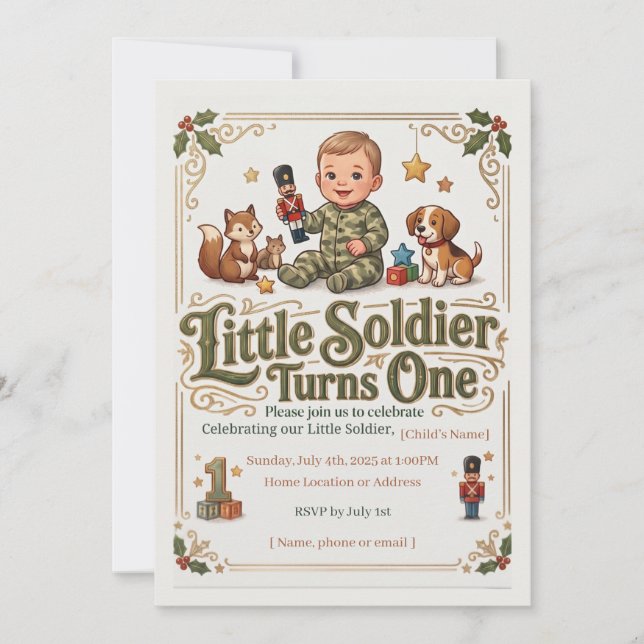 Little Soldier Turns One First Birthday Invite (Front)