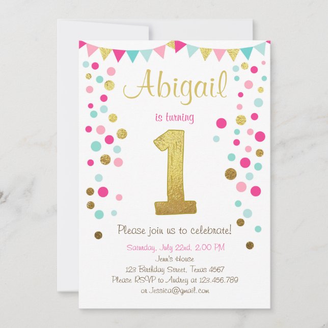 Little sparkle pink gold mint birthday invitation (Front)