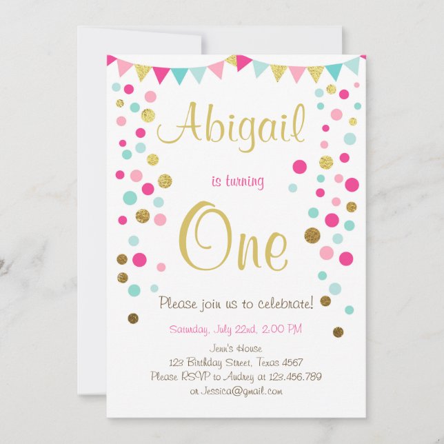 Little sparkle pink gold mint birthday invitation (Front)