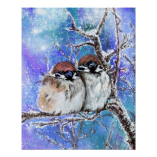 Little Sparrows Couple In Winter Poster Painting