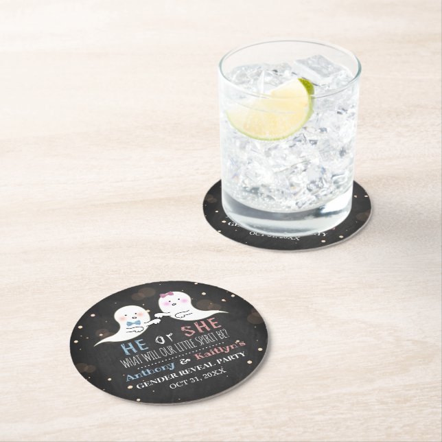 Little Spirit Halloween Ghosts Gender Reveal Party Round Paper Coaster (Insitu)