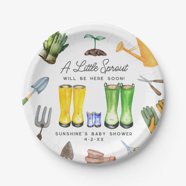Little Sprout Blue Rain Boots Garden Baby Shower Paper Plate (Front)