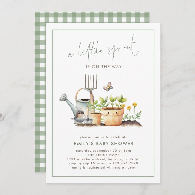 Little Sprout Border Sage Gingham Baby Shower  Invitation (Front/Back)
