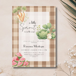 Little Sprout Brown Gingham Veggie Baby Shower Invitation