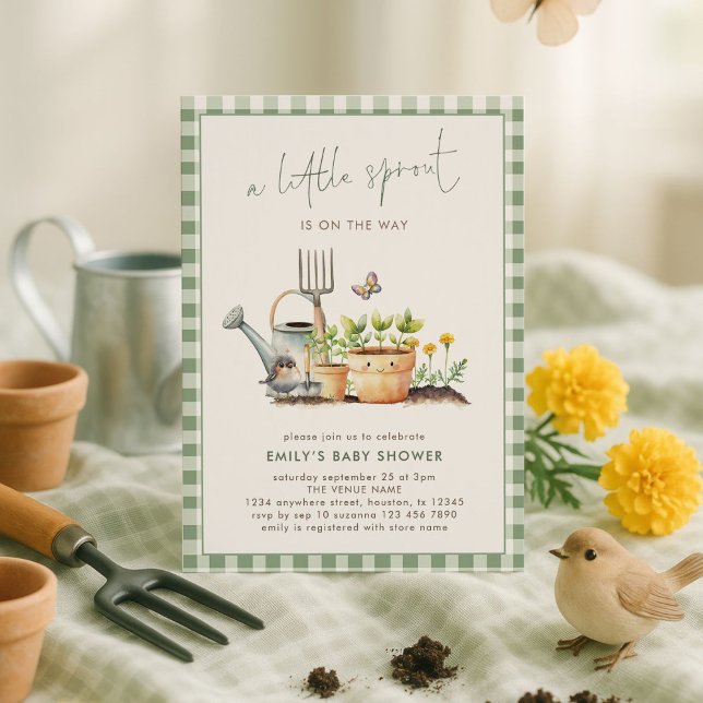 Little Sprout Green Gingham Garden Baby Shower  Invitation (Creator Uploaded)