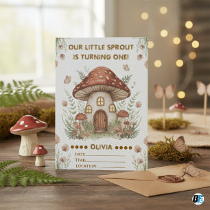 Little Sprout Mushroom House Woodland 1st Birthday Invitation
