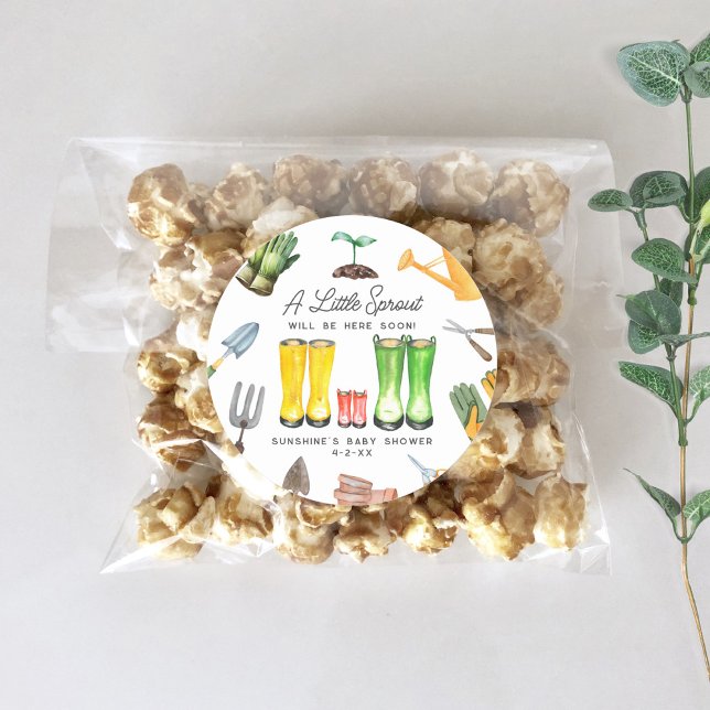 Little Sprout Red Rain Boots Garden Baby Shower Classic Round Sticker (Creator Uploaded)