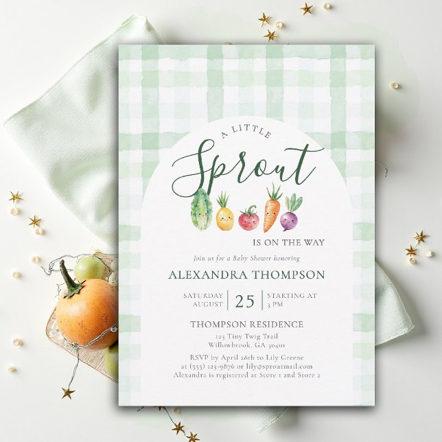 Little Sprout Watercolor Produce Arch Baby Shower Invitation (little sprout baby shower invitation locally grown produce watercolor cute green gingham)