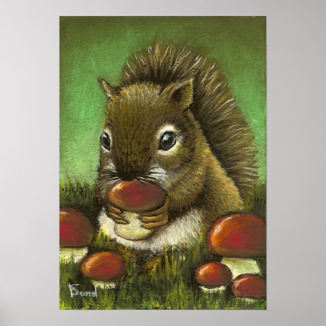 Little squirrel and mushrooms poster (Front)