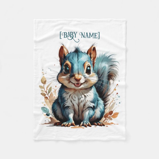 Little Squirrel Blue Personalised Fleece Blanket (Front)