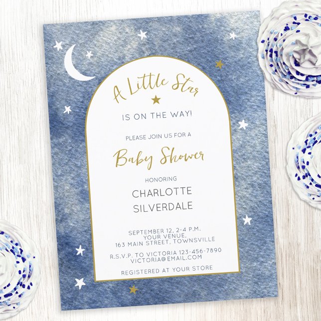 Little Star Baby Shower Invitation Postcard (A Little Star is on the Way watercolor navy blue, gold and white baby shower invitation postcard)