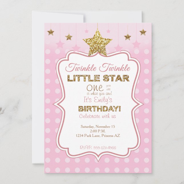 Little Star birthday invitation in pink and gold (Front)