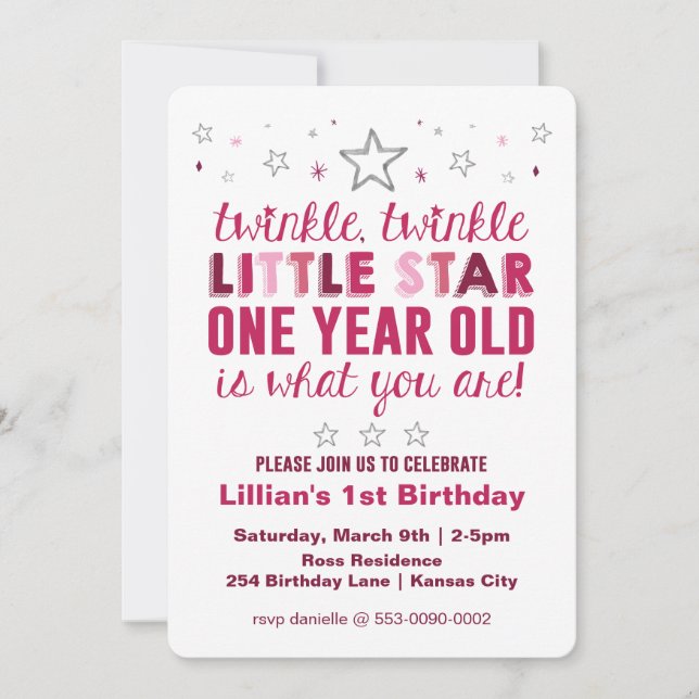 Little Star Girls First Birthday Invitation (Front)