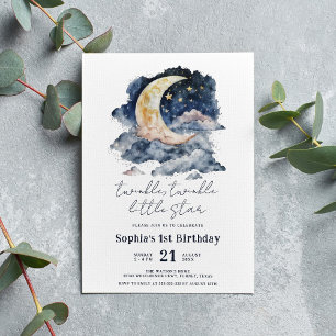 Little Star Watercolor Moon Kids Birthday Invitation