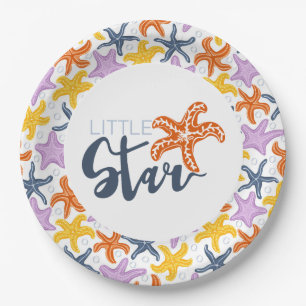 Little star with colorfull starfishes on white paper plate