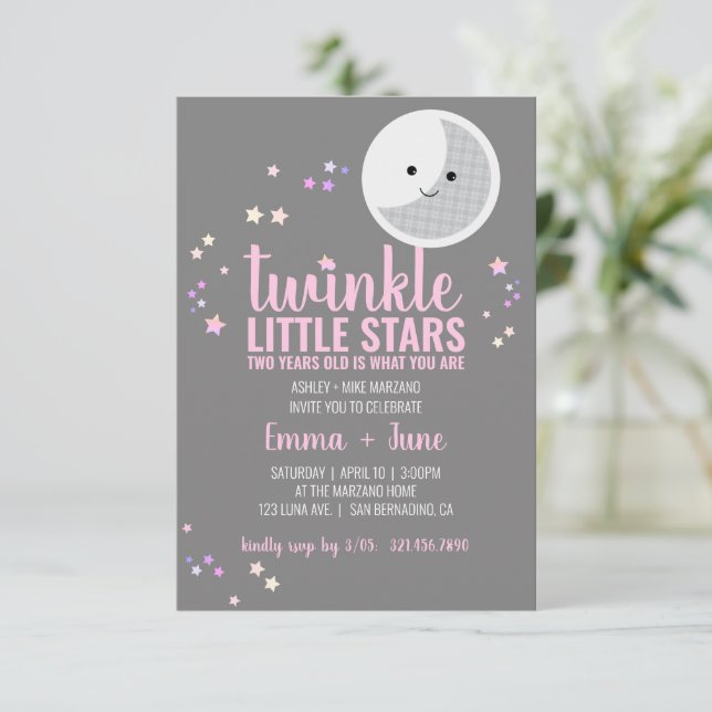 little stars GIRL twins 2nd BIRTHDAY PARTY Invitation (Standing Front)