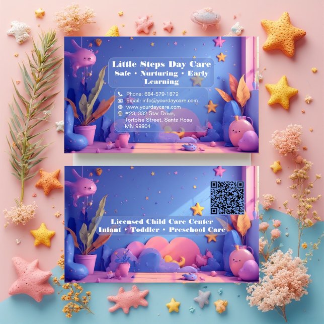 Little Steps Day Care QR Code Pastel Pink Violet Business Card (Little Steps Day Care QR Code Pastel Pink Violet Business Card)