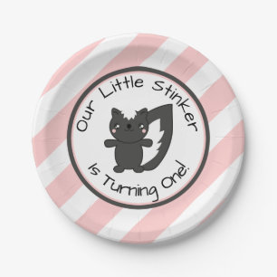 Little Stinker Is One Pink Stripes Skunk Birthday Paper Plate