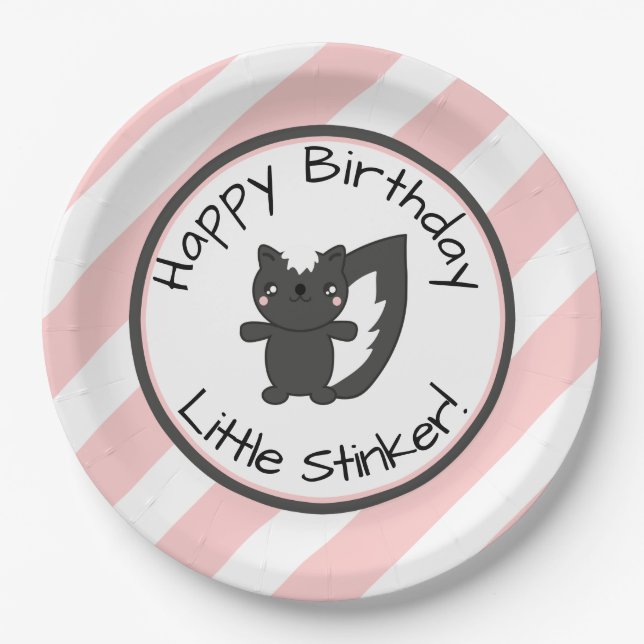 Little Stinker Pink Stripes Skunk First Birthday Paper Plate (Front)