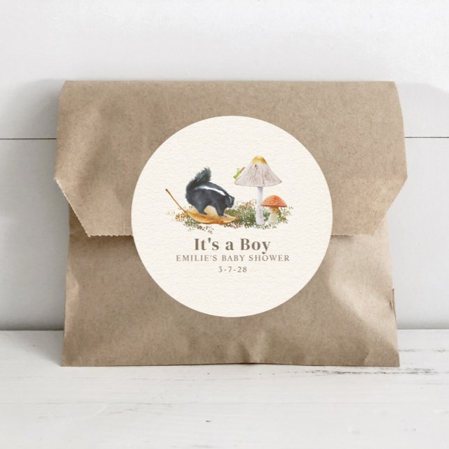 Little Stinker Woodland Skunk Boy Baby Shower Classic Round Sticker (Creator Uploaded)