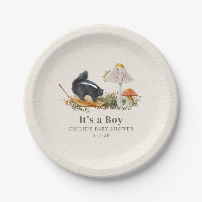 Little Stinker Woodland Skunk Boy Baby Shower Paper Plate (Front)