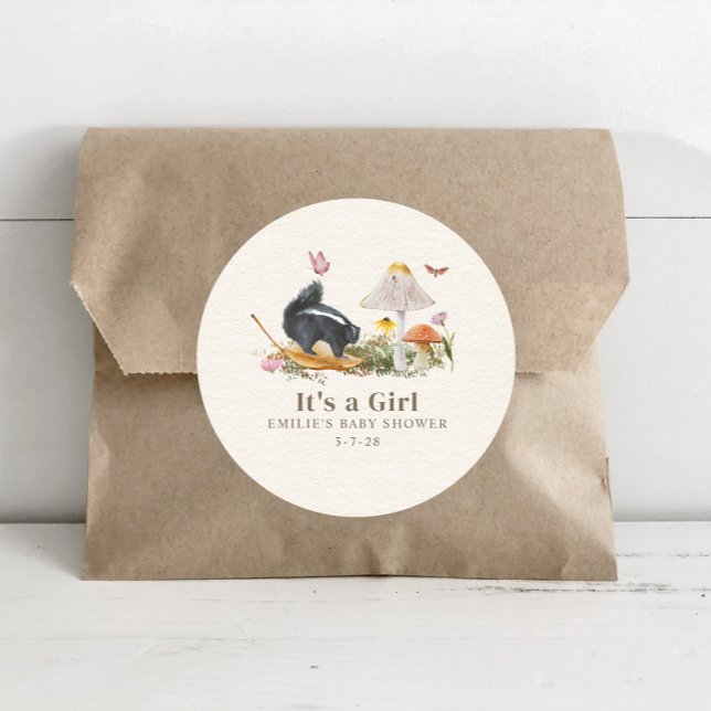 Little Stinker Woodland Skunk Girl Baby Shower Classic Round Sticker (Creator Uploaded)