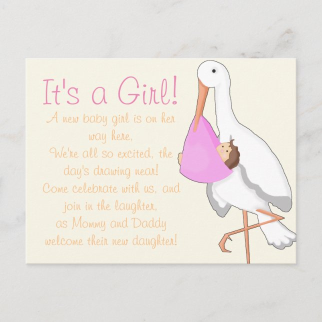 "Little Stork" It's a Girl! Announcement Postcard (Front)