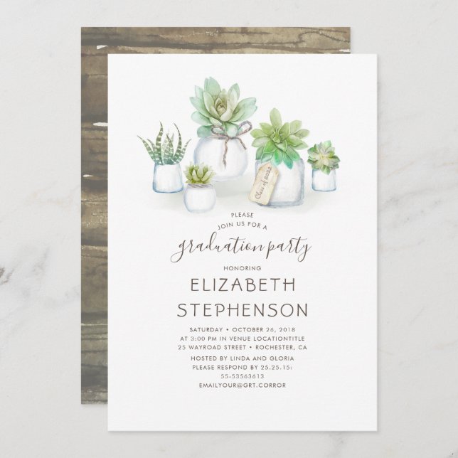 Little Succulents Mason Jars Rustic Graduation Invitation (Front/Back)