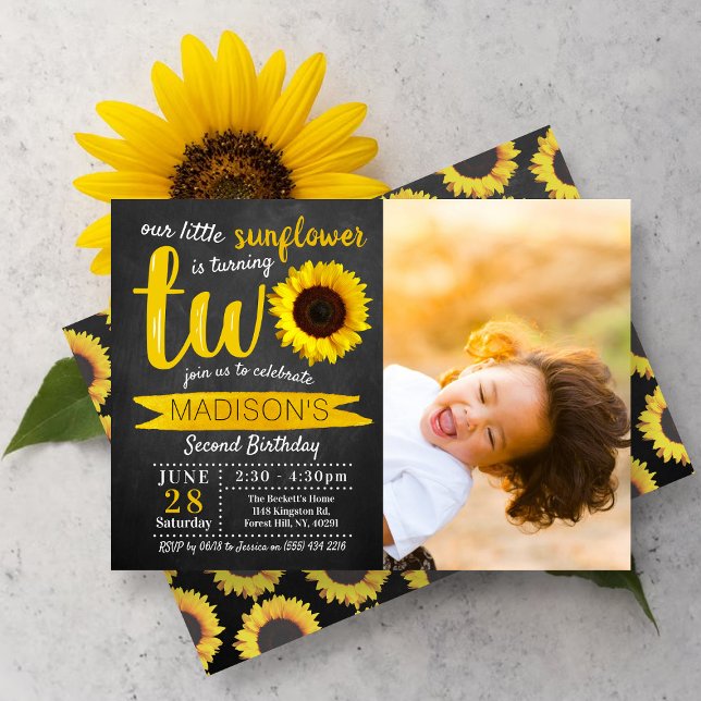 Little Sunflower Chalkboard 2nd Birthday Photo Invitation (Creator Uploaded)
