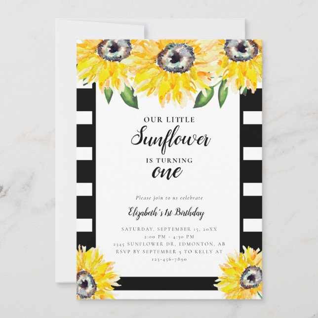 Little Sunflower First Birthday Black Stripes Invitation (Front)
