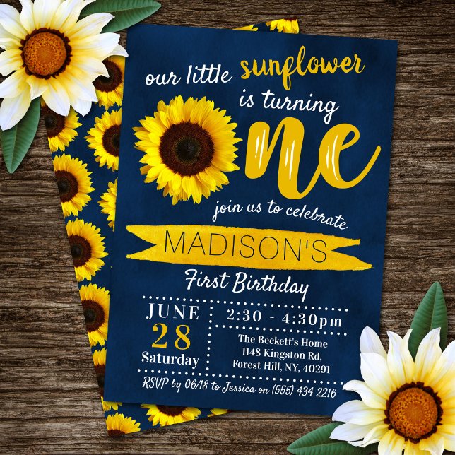 Little Sunflower Navy Blue 1st Birthday Invitation (Creator Uploaded)
