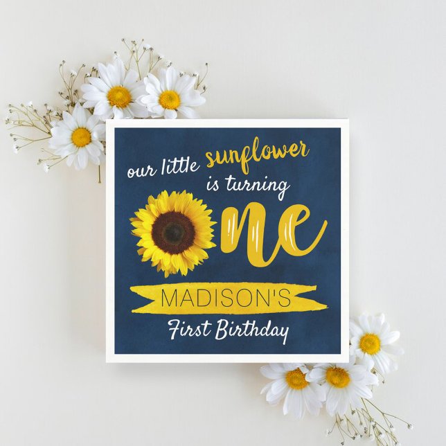 Little Sunflower Navy Blue 1st Birthday Napkin (Creator Uploaded)