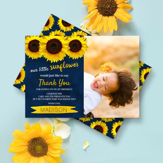 Little Sunflower Navy Blue Photo Birthday Thank You Card (Creator Uploaded)