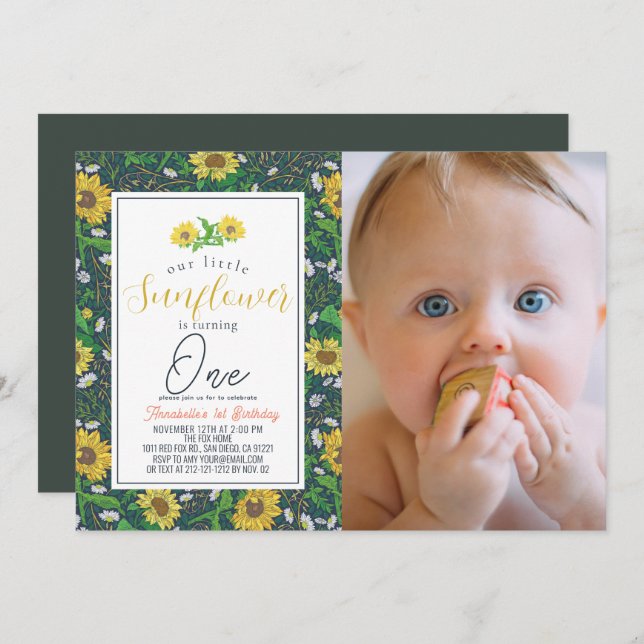 Little Sunflower Pattern Navy 1st Birthday Photo Invitation (Front/Back)