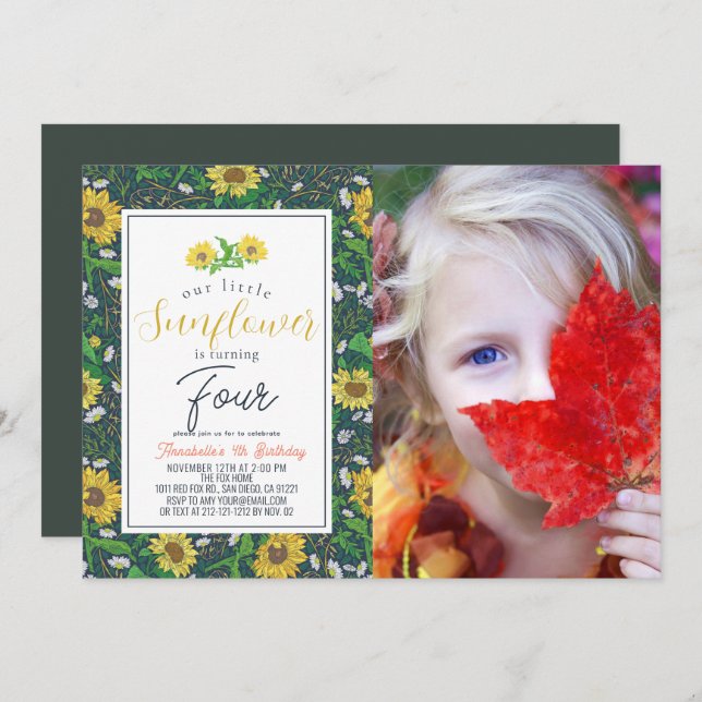 Little Sunflower Pattern Navy Birthday Photo Invitation (Front/Back)