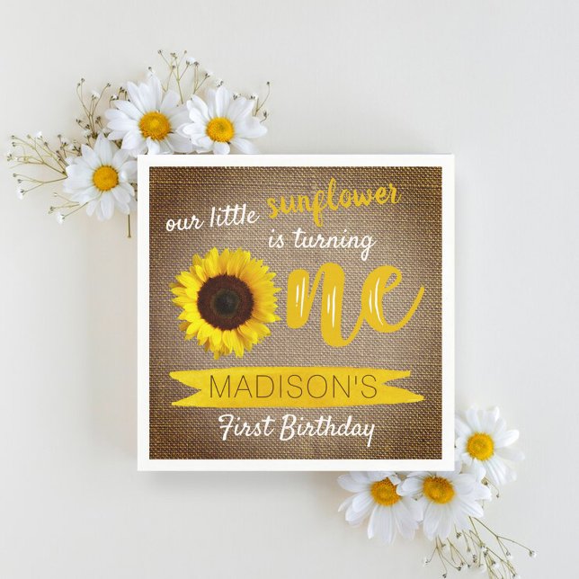 Little Sunflower Rustic Burlap 1st Birthday Napkin (Creator Uploaded)