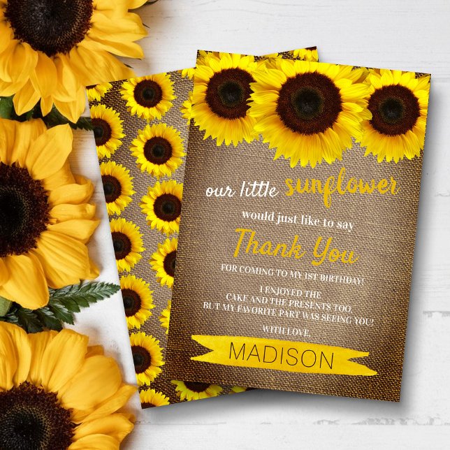 Little Sunflower Rustic Burlap Birthday Thank You Card (Creator Uploaded)