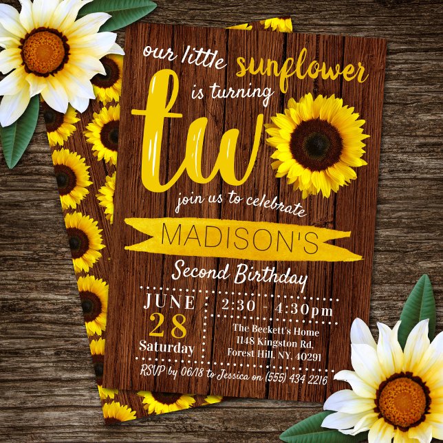 Little Sunflower Rustic Wood 2nd Birthday Invitation (Creator Uploaded)