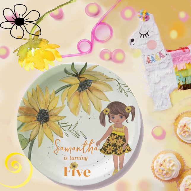 Little Sunflower Watercolor Fifth Girl Birthday Paper Plate (Little Sunflower Watercolor Fifth Girl Birthday Paper Plates)