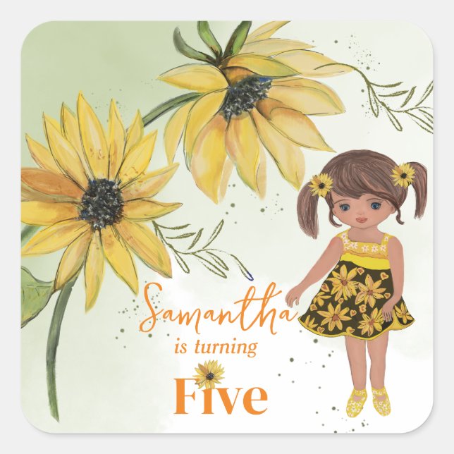 Little Sunflower Watercolor Fifth Girl Birthday Square Sticker (Front)