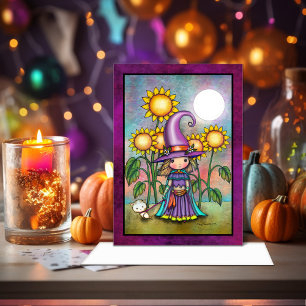 Little Sunflower Witch Cute  Halloween Art Card