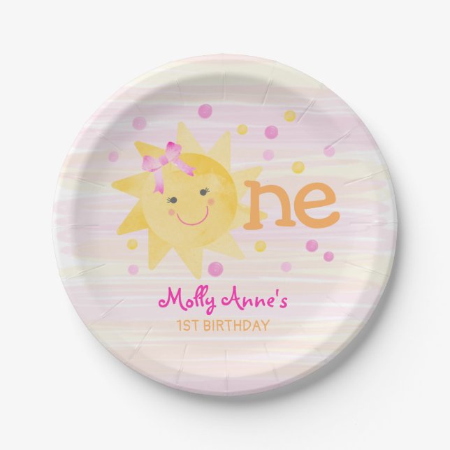 Little Sunshine 1st Birthday Girl Pink Yellow Paper Plate (Front)