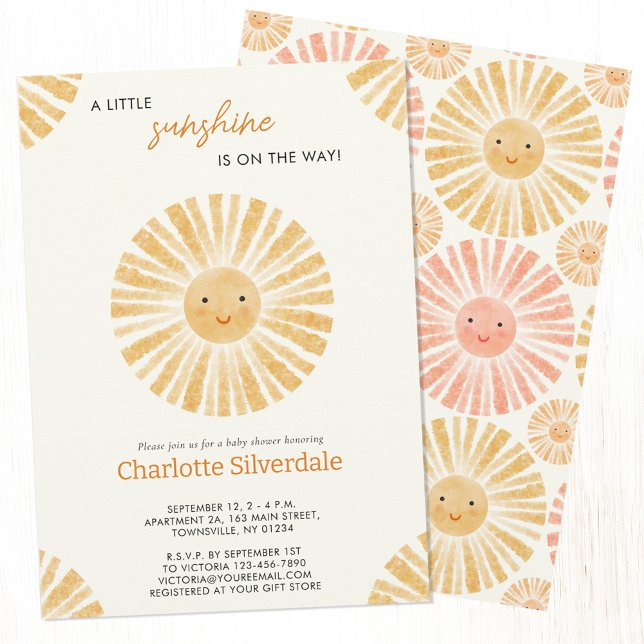 Little Sunshine Baby Shower Invitation (Little Sunshine watercolor baby shower invitation with custom text )