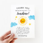 Little Sunshine Baby Shower Thank You Card<br><div class="desc">Cute sunshine theme baby shower thank you template card featuring watercolor illustration of a smiling sun with stars and clouds. The text says "Thank you for showering our little sunshine!" The default message thanks the guests for attending the shower and for the gift. Gender neutral design.</div>