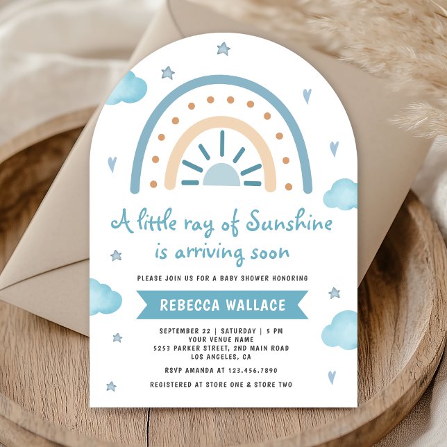 Little Sunshine Blue Boho Rainbow Arch Baby Shower Invitation (Creator Uploaded)