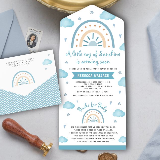 Little Sunshine Blue Boho Rainbow Baby Shower All In One Invitation (Creator Uploaded)