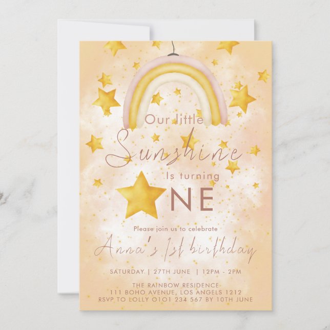 Little Sunshine Boho Rainbow Gold Star Birthday Invitation (Front)